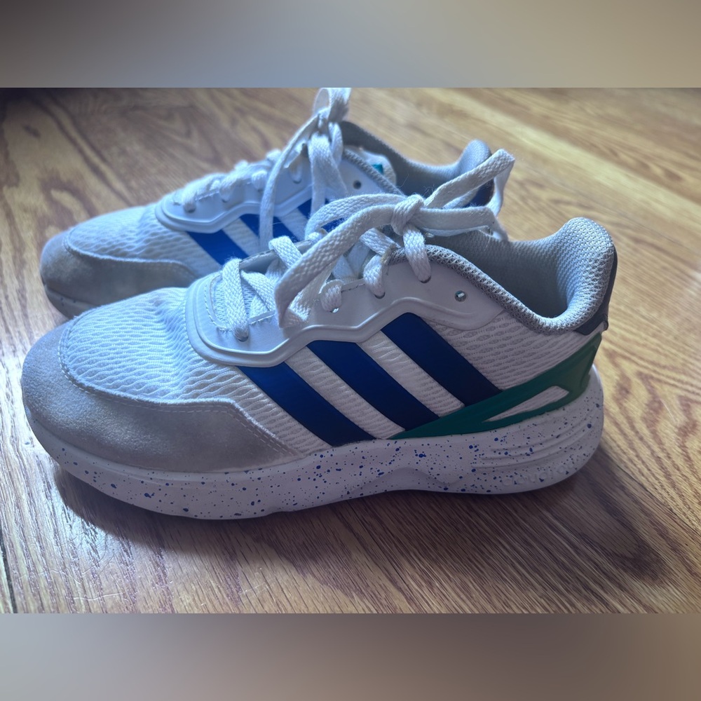 adidas Kids White Sneakers with Blue Stripes and Green Accent